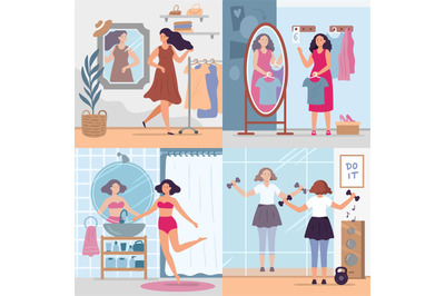 Girl looking in mirror. Women in stylish dressing room, bathroom and g