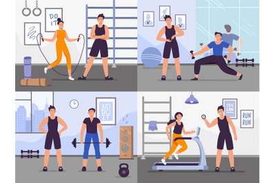 Gym coach. Vector illustration set people training