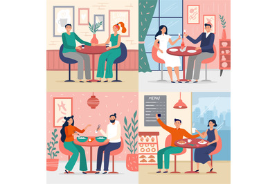 Couple on date in restaurant. Vector illustration set