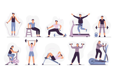 Man at sport gym. Vector illustration set