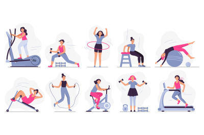 Woman at sport gym. Vector illustration set