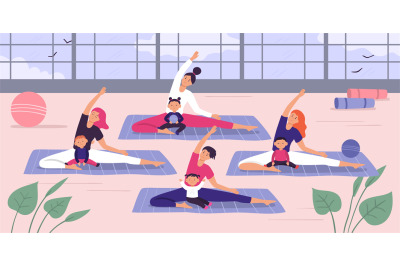 Mothers with kids yoga group. Vector illustration