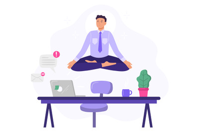 Yoga office man worker meditate. Vector illustration