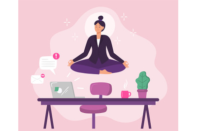 Business woman worker meditation yoga. Vector illustration