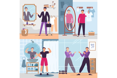 Man looking in mirror. Vector illustration set