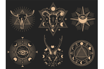 Occult symbols. Vector illustration set isolated on black