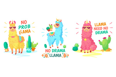 Llama poster. No drama llama and no prob llama vector illustration set