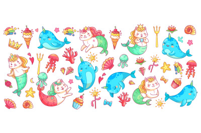 Unicorn narwhal and mermaid cat. Vector illustration set