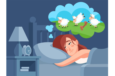 Woman counts sheep to sleep. Insomnia cartoon vector illustration