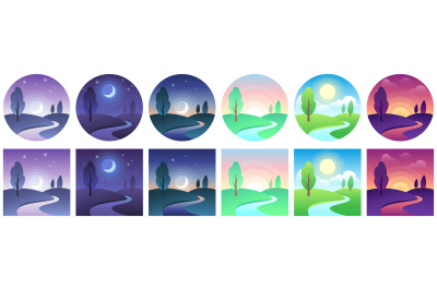 Landscape time icons. Sky and field daytime circle and square icon vec