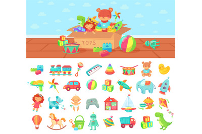 Cartoon toys. Vector set of kids play, block and doll