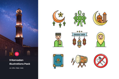 9 Ramadan Mubarak Illustrations Pack