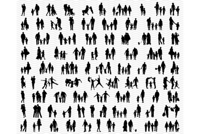 SVG Families in walking&2C; Black silhouettes&2C; Digital clipart