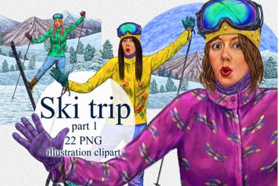 Ski trip, girls clipart, png illustration