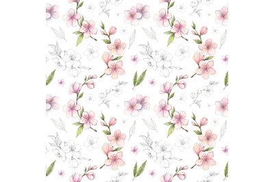 Spring cherry, almond blossom watercolor and pen ink  seamless pattern