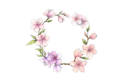 Spring cherry, almond blossom circle frame - watercolor floral wreath