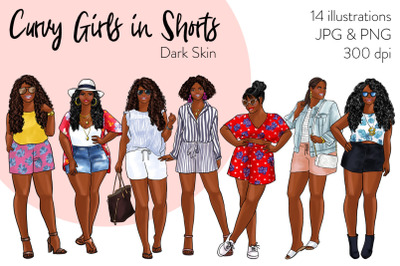 Watercolor Fashion Clipart - Curvy Girls in Shorts - Dark Skin