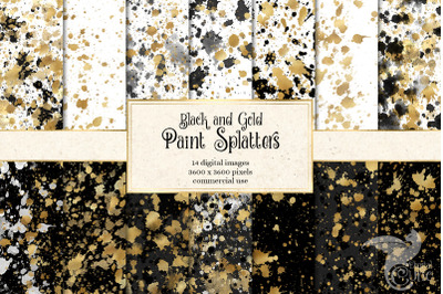 Black and Gold Paint Splatters Digital Paper