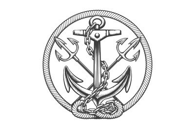 Ship anchor with tridents and ropes engraving illustration