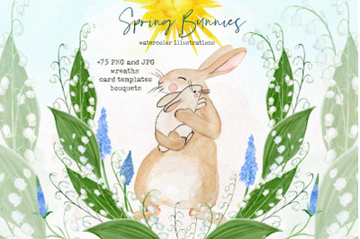 Spring bunnies. Watercolor clipart.