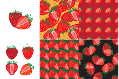 Whole and sliced Strawberry berry isolated seamless patterns