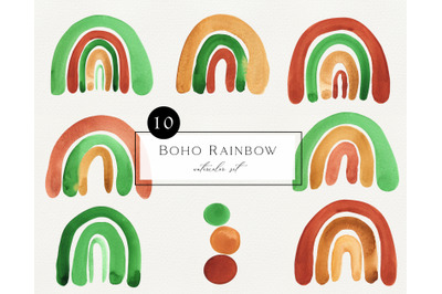 Watercolor Boho Rainbow Clipart. Hand painted terrakota green rainbow