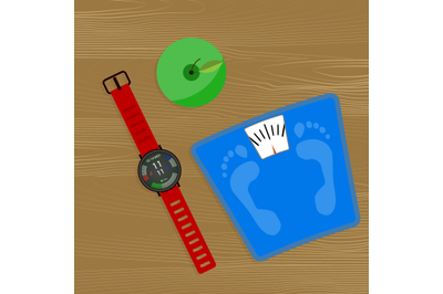 Weight loss concept, smartwatch and scale Vector