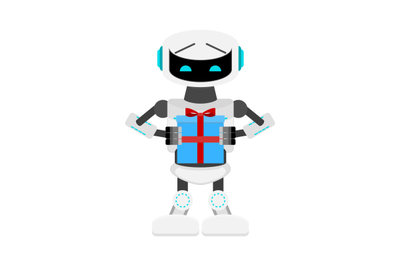 Robot present gift, birtday celebrate. Vector greeting