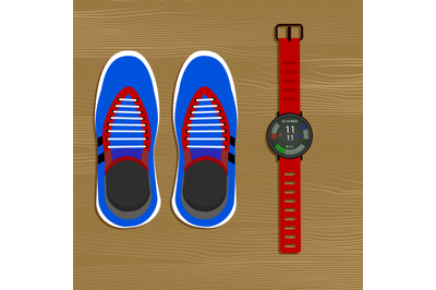 Equipments run. Sneakers and watches. Vector runner shoes