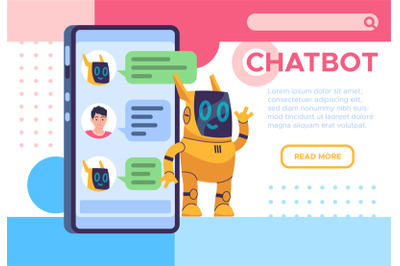 Chatbot landing page. Online talking with helping chatbots. Phone robo