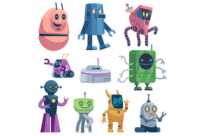 Cute robots. Colorful futuristic robotic computer toys, robot transfor