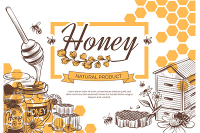 Sketch honey background. Hand drawn sweet dessert natural organic hone