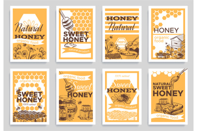 Honey flyers. Natural organic food beeswax, honeycomb and bees beehive