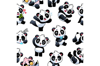 Panda seamless pattern. Cute little bamboo bears, funny china animals