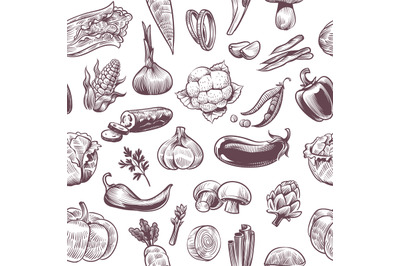 Vegetables seamless pattern. Vintage hand drawn harvest vegetables, he