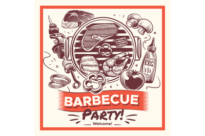 Sketch bbq. Hand drawn barbecue grilled food, ribs and sausages, chick