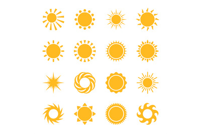 Cartoon sun. Yellow star pictogram suns icons, sunlight sunset or brig