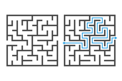 Maze game. Logic game labyrinth, square shapes brainteaser and solutio