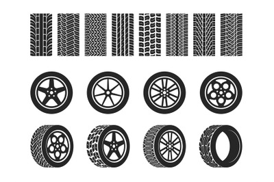 Wheel tires. Car tire tread tracks, motorcycle racing wheels and dirty