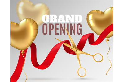 Grand opening. Luxury festive invitation&2C; scissors cut red silk ribbon