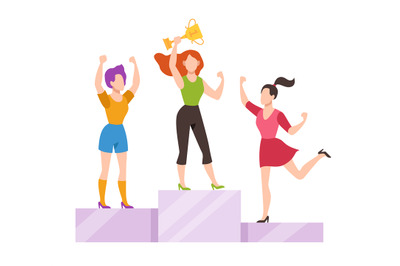 Women on winner podium. Office female workers on pedestal posing with