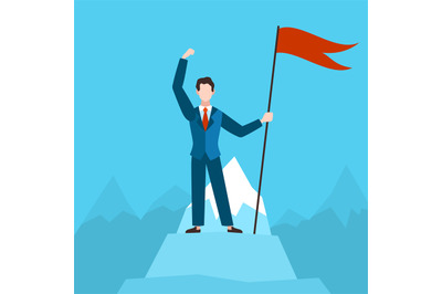 Man with red flag on peak. Businessman on top mountain. Financial succ