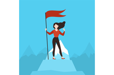 Woman with red flag on peak. Business woman on mountain top. Financial