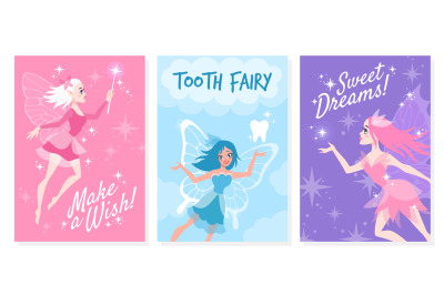 Fairy card. Cute little tooth fairy&2C; with magic wand make wish for fab