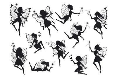 Fairy silhouettes. Magical fairies with wings&2C; mythological winged fly