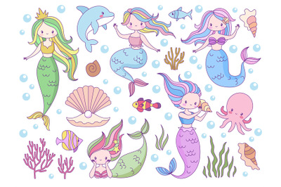 Mermaid. Sea world little mermaids, cute mythical princess and dolphin