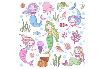 Cute mermaids. Adorable fairytale underwater princesses mythological s