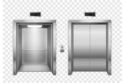 Elevator. Open and closed chrome metal elevator doors&2C; modern passenge