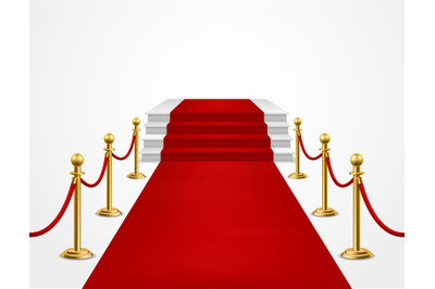 Red carpet. Grand opening, golden metal barriers and red carpet with p