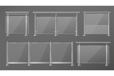 Glass fence. Transparent fencing sections with steel pillars&2C; metal ha